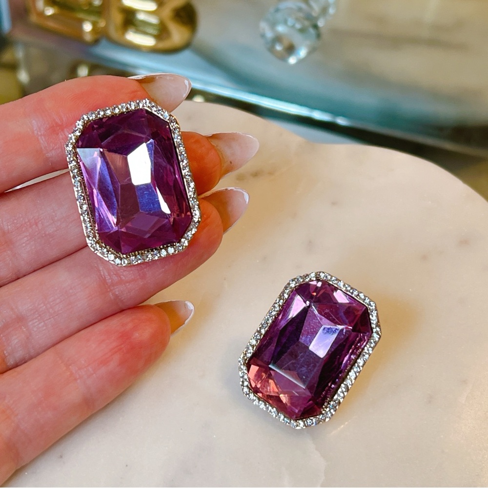 Purple 💜 crystal emerald cut halo earrings ~ 1” faceted - Picture 2 of 6